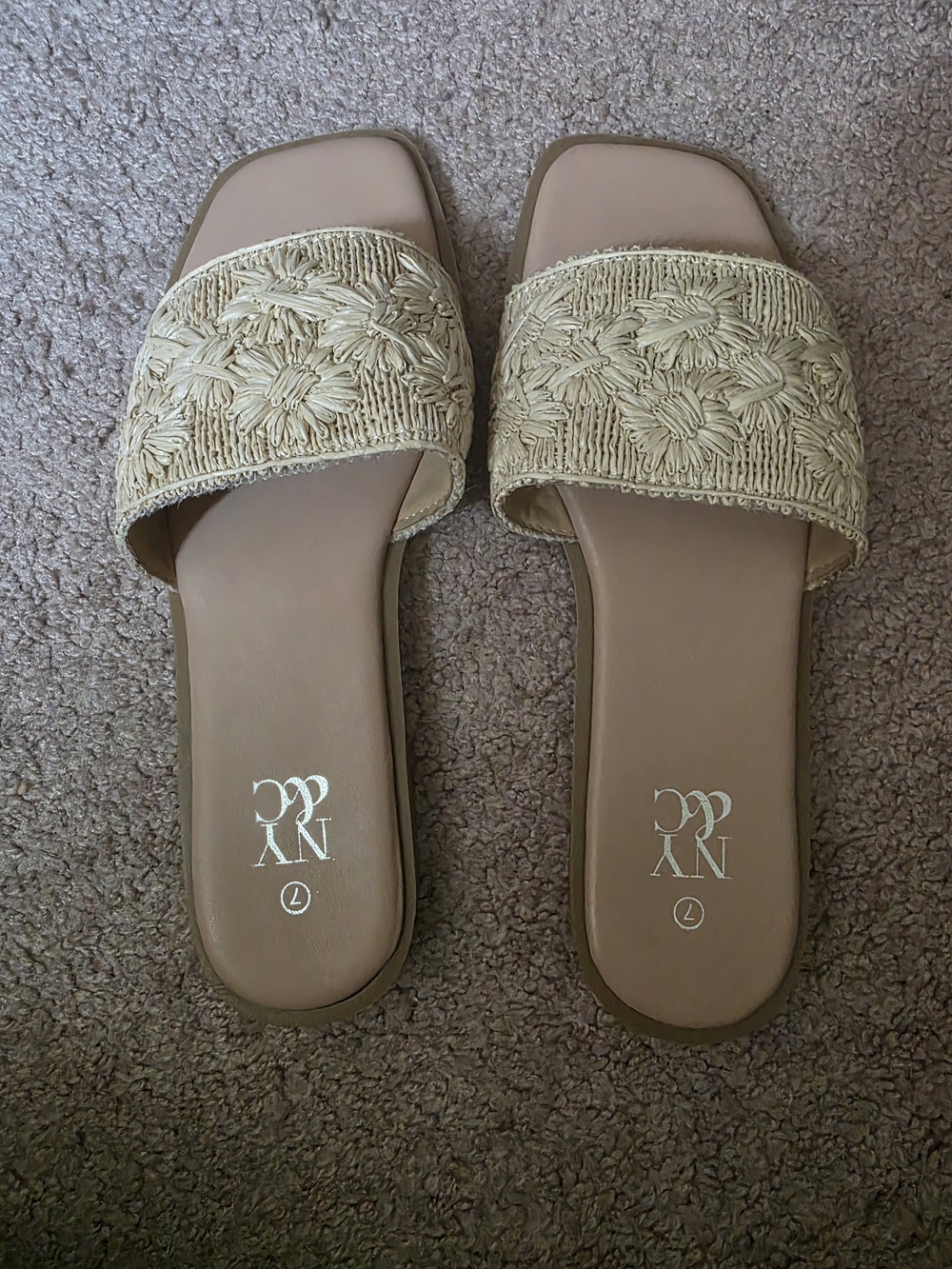 New York & Company Beige Braided Floral-Accent Slide Sandals